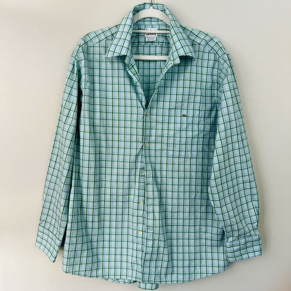 Lacoste Blue Checked Button Down Shirt Mens Size 44 Crocodile Emblem Preppy